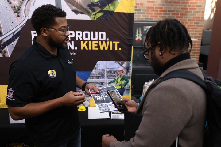 A recruiter and student at the WSC Career Fair