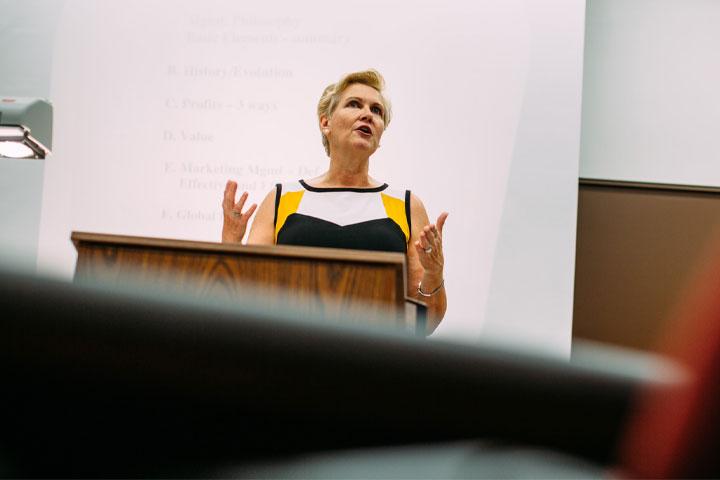 A WSC professors gives a classroom presentation