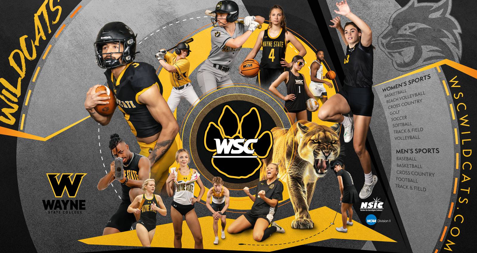 Graphic collage featuring athletes from each sport at WSC