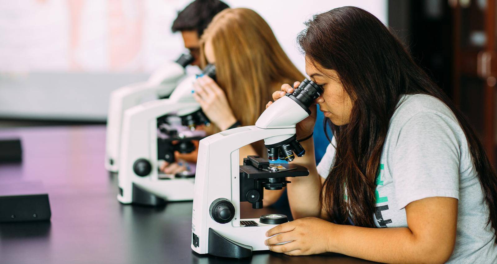 生命科学 degree students use microscopes in a science lab